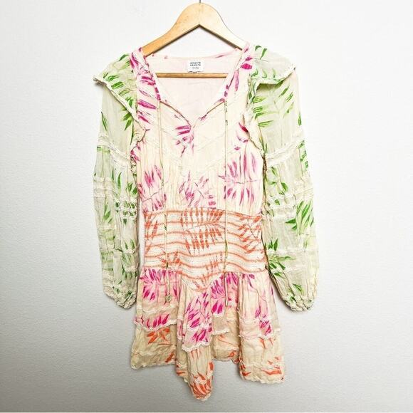 Hemant and Nandita tropical palm print ruffle mini dress puff sleeve size xs - Picture 3 of 8